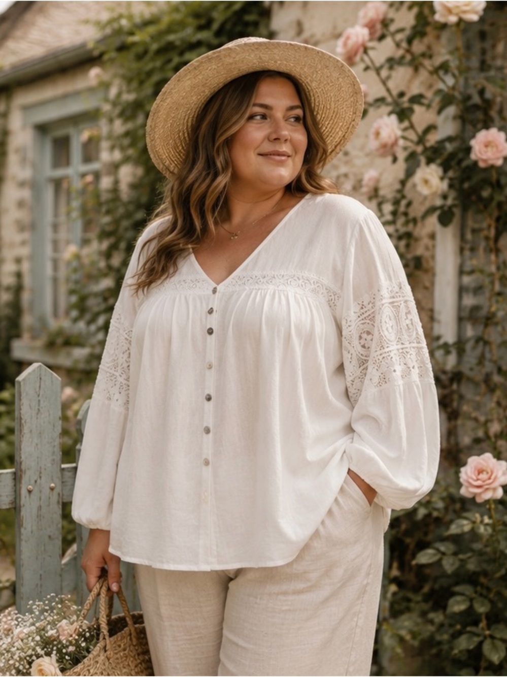 NWT BloomChic 100 % Cotton White Lace-Trim V-Neck Button Front Blouse Size 18-20